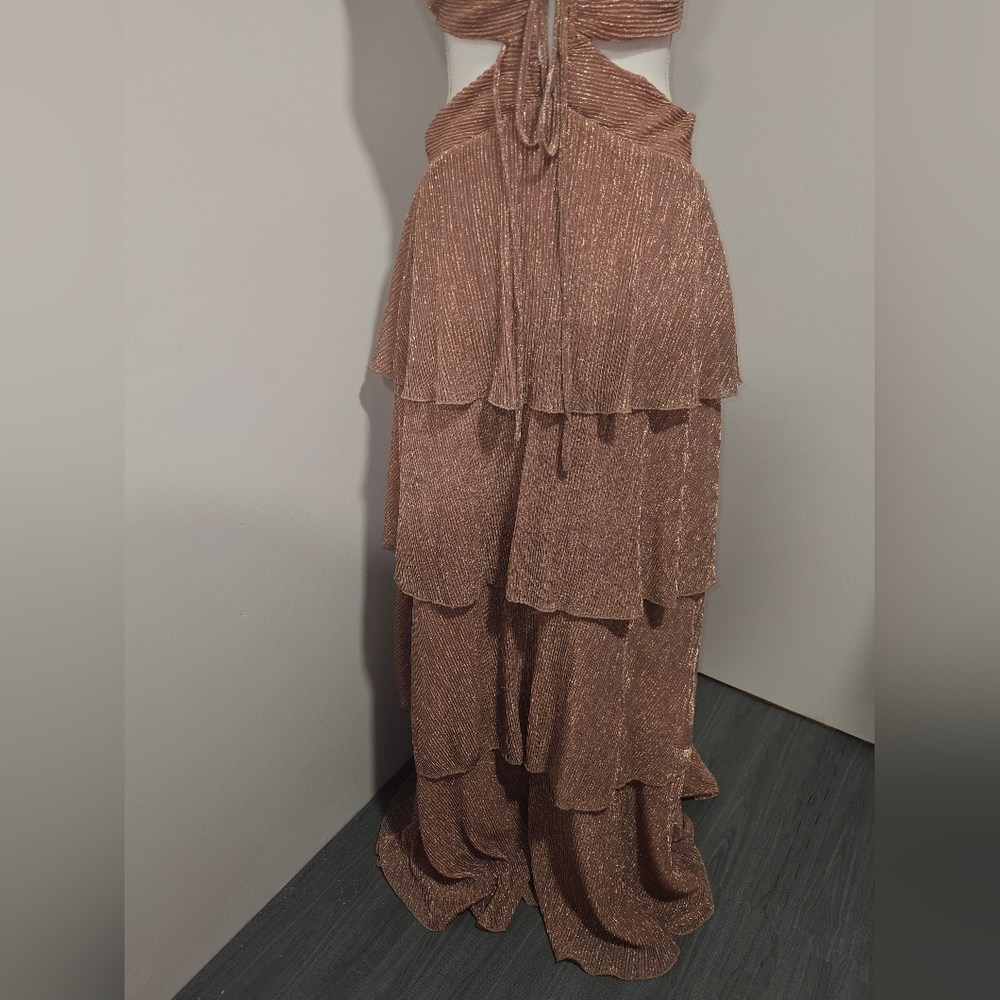 Line & Dot Elegant Shimmer Brown Backless Tiered Party Maxi Dress Womens Size M - Picture 3 of 10